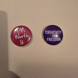 Purple and Pink Button Pins, Political Slogan Buttons, Creativity is Freedom,